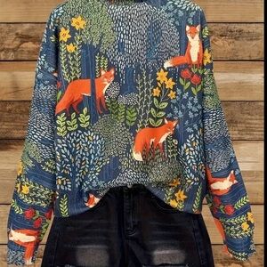 Whimsical Fox Print Sweater in Blue
